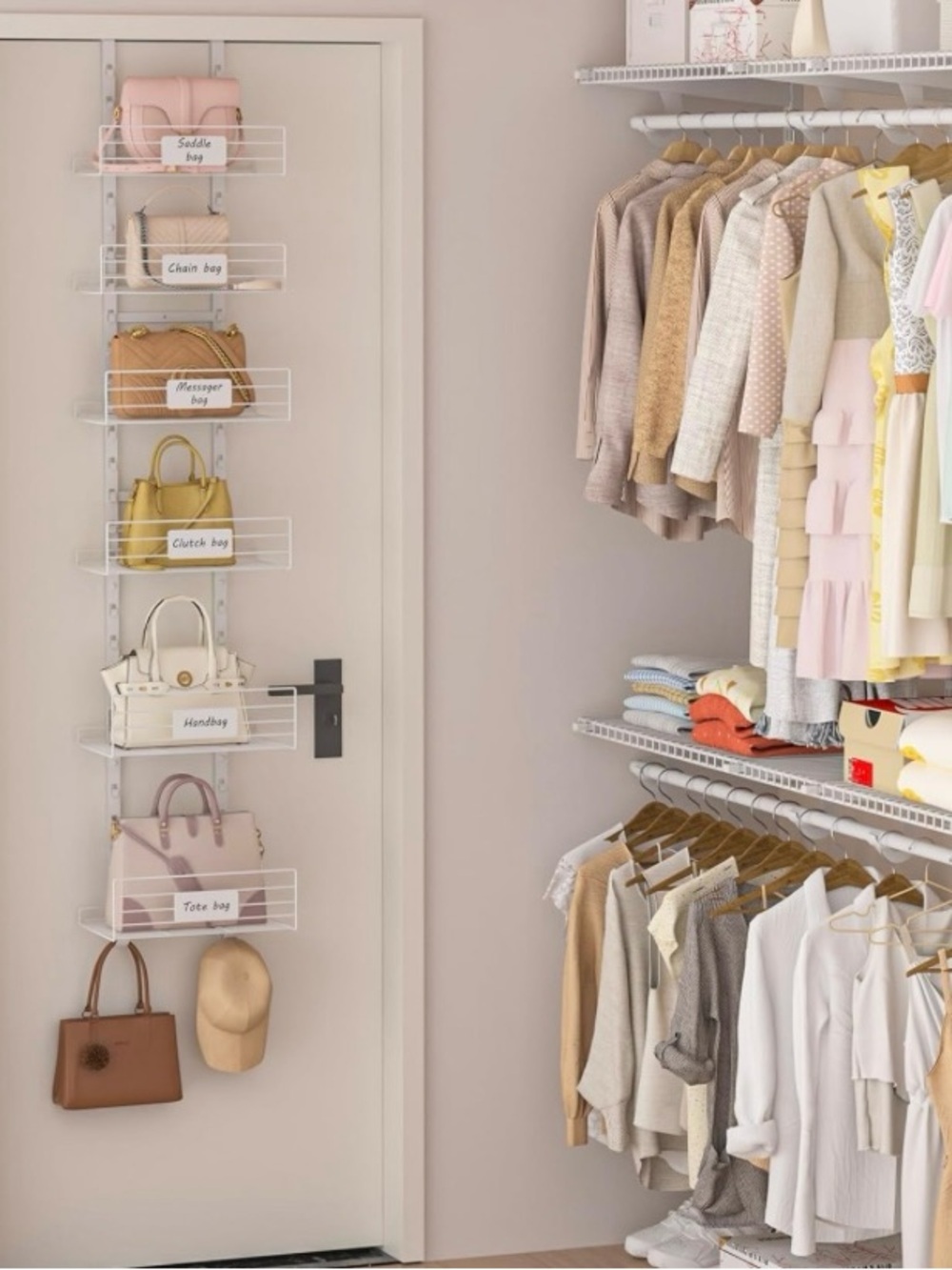 Over-the-Door White Wire Storage Baskets - 7-Tier Handbag Organizer